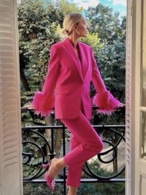Zara Hot Pink Feather-Cuff Cropped Tailored Pantsuit